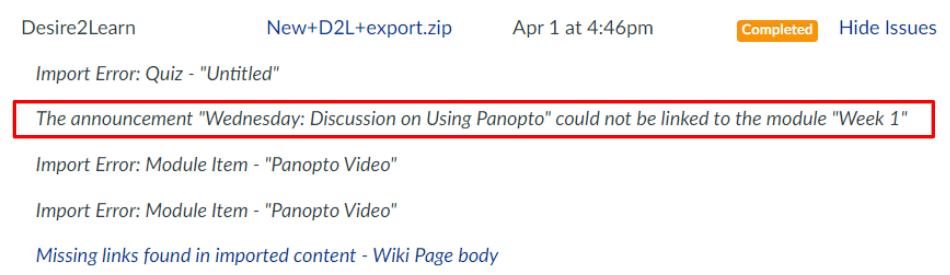 list of issues with Announcement issue highlighted that reads "Wednesday: Discussion on Using Panapto could not be linked to the Module Week 1.