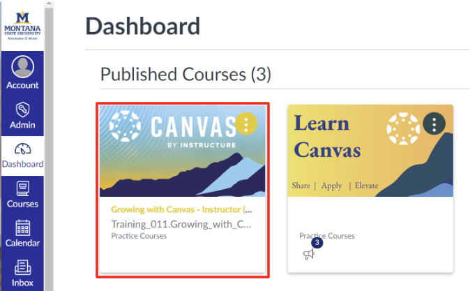 Canvas dashboard with the "Growing with Canvas" course card outlined in red