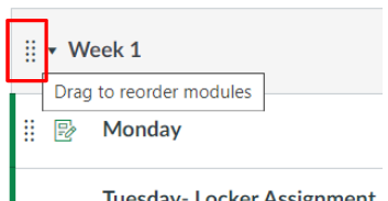 Close-up of module box with eight dots to drag and reorder modules outlined in red