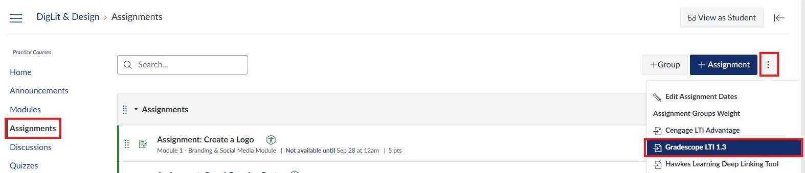 gradescope in canvas highlighted