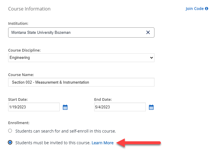 A screenshot of the course information with an arrow pointed to the correct enrollment selection.