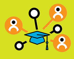 A blue graduation cap surrounded by six magnifying glasses, three containing a person icon on an orange background