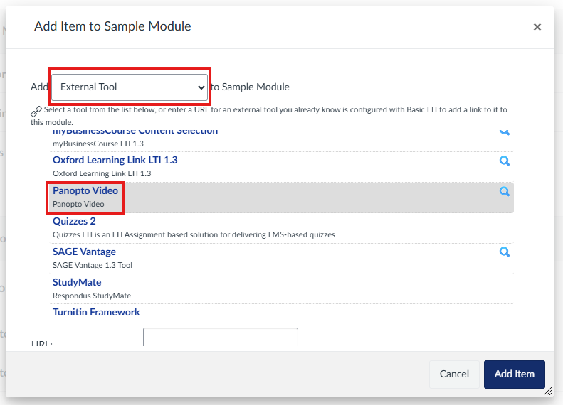 add content box with external tool and panopto highlighted
