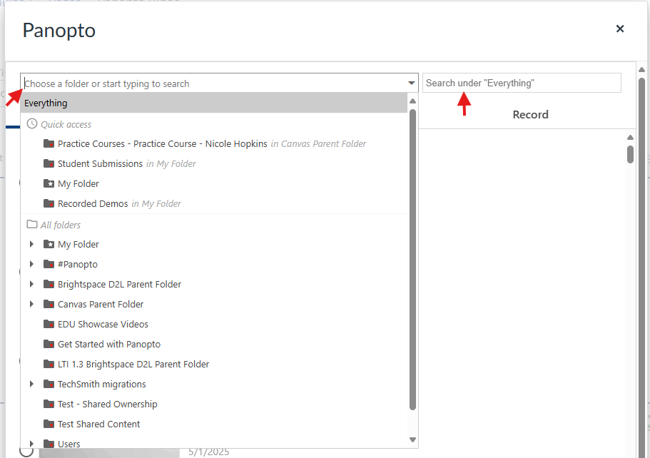 Panopto content window with the folder dropdown and search bars highlighted