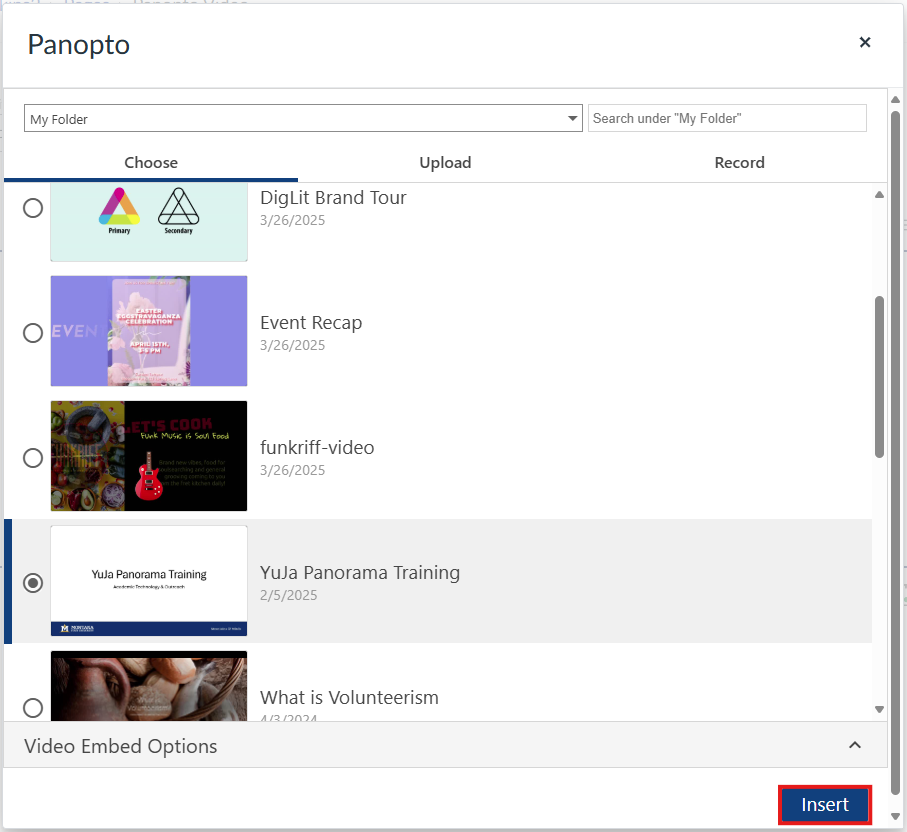 Panopto content window with a recording and the insert button highlighted