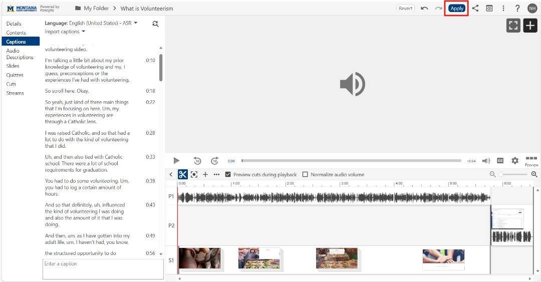 screenshot of Panopto editor with apply button in top right corner highlighted