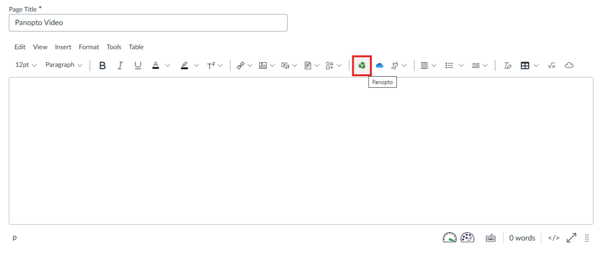 Rich content editor with Panopto button highlighted