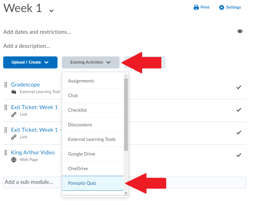 Selecting the Panopto Quiz from Existing Activities