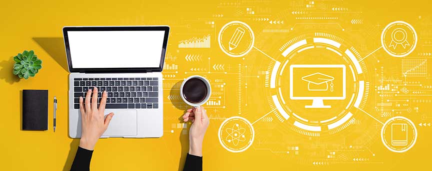 Two hands, one resting on a laptop, one on the handle of a cup holding coffee, against a yellow background with techno designs