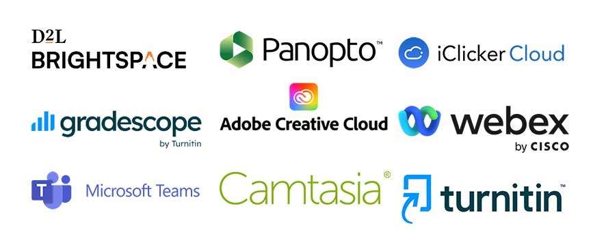 Logos for D2L Brightspace, Panopto, IClicker Cloud, Gradescope, Adobe Creative Cloud, Webex, Microsoft Teams, Camtasia, and Turnitin