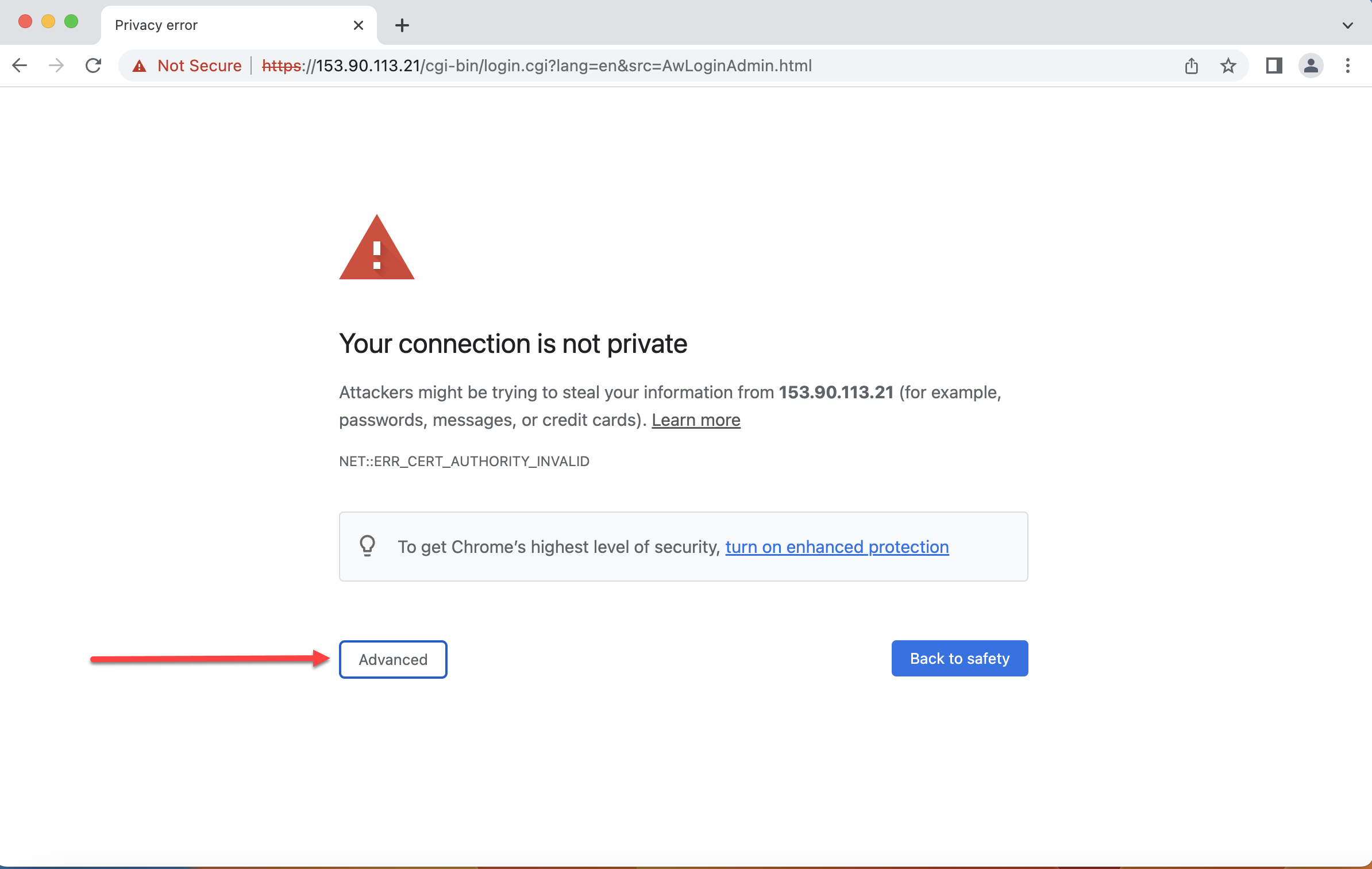 Screenshot of the Chrome browser error with the "Advanced" button highlighted