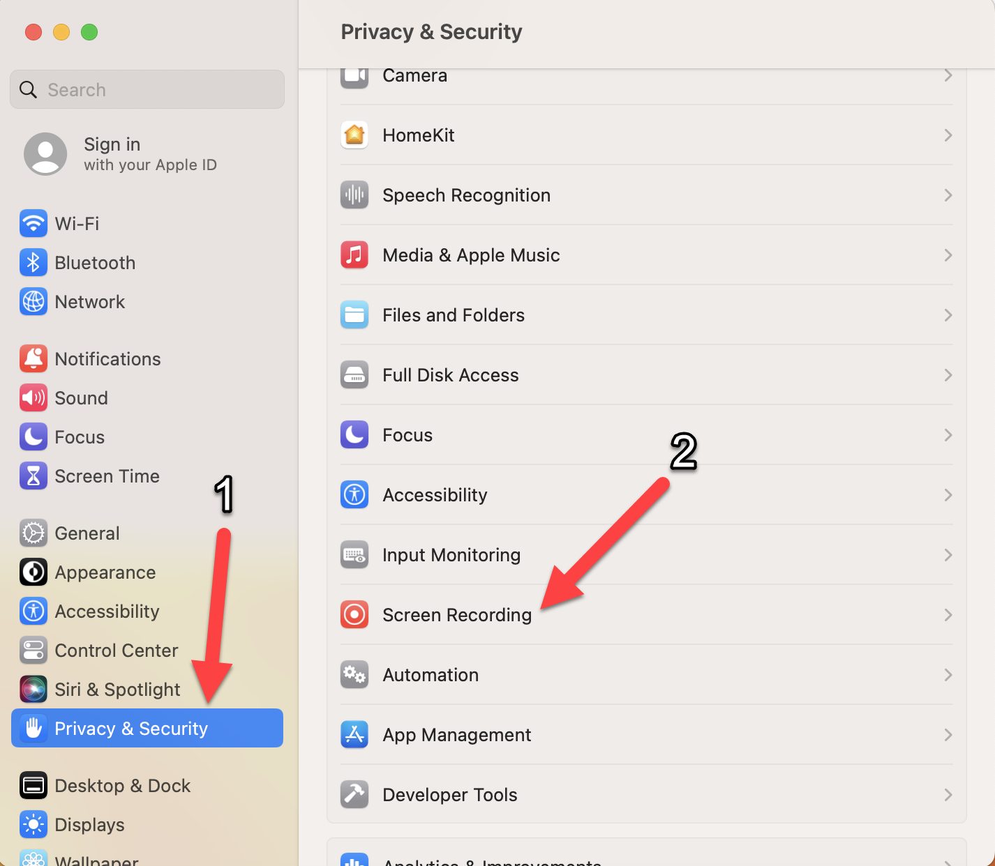 Mac privacy and security settings with the screen recording section highlighted