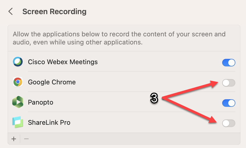 Mac screen recording settings with Chrome and ShareLink Pro highlighted