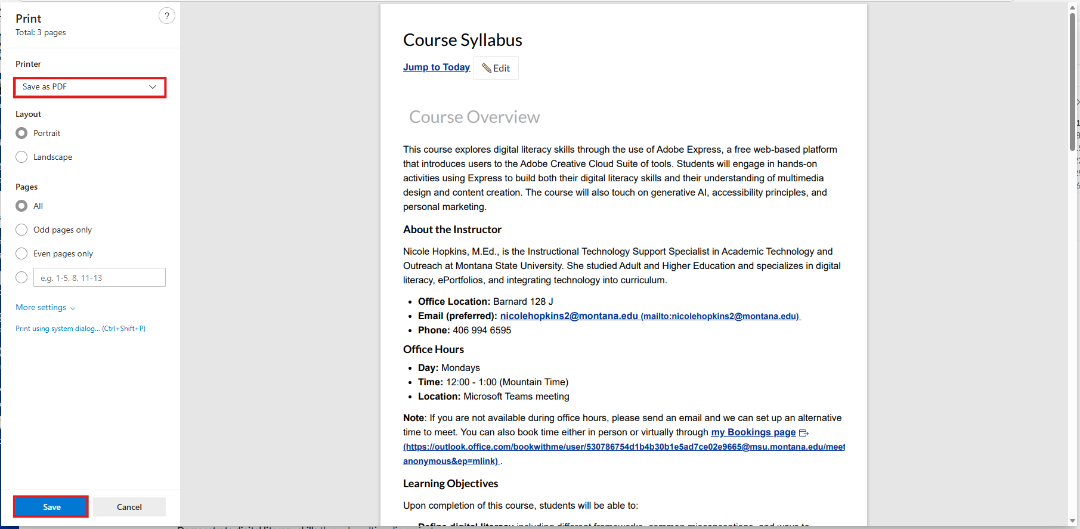 screenshot of printing method with save as pdf and save buttons highlighted