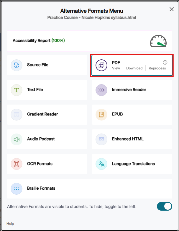 screenshot of yuja alternative formats menu with download and view PDF highlighted