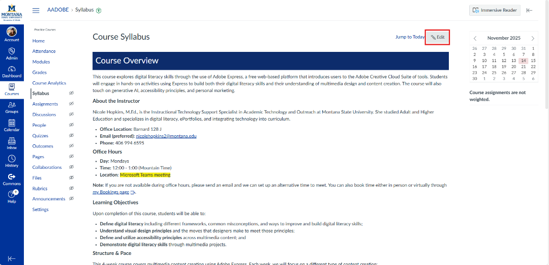 screenshot of a canvas page with the edit button highlighted
